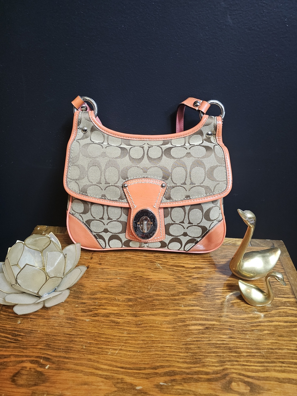 Coach Tan Signature Canvas Shoulder Bag with Coral Trim